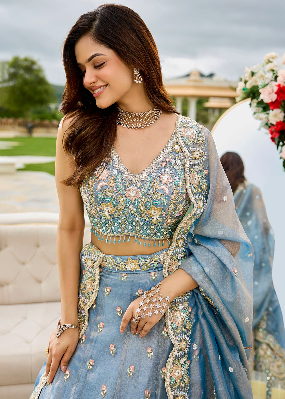 Shades Of Blue Ready-to-Wear Lehenga in Satin Silk with Embroidery