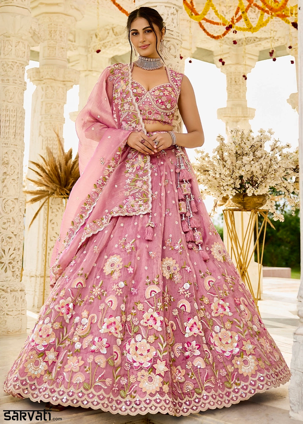 Orchid Pink Ready-to-Wear Lehenga in Organza with Embroidery
