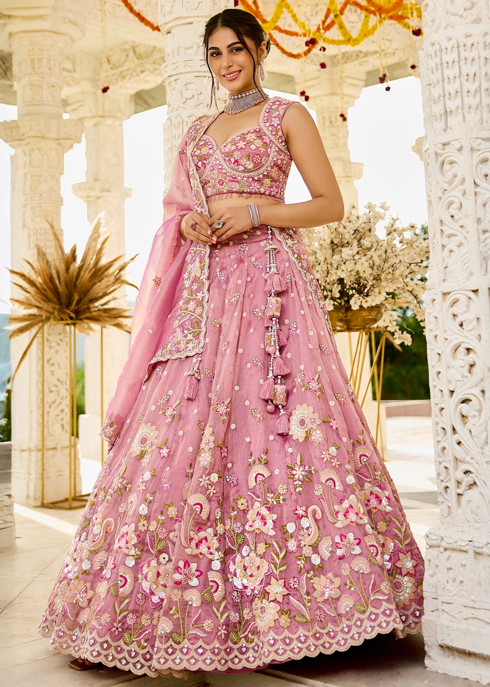 Orchid Pink Ready-to-Wear Lehenga in Organza with Embroidery