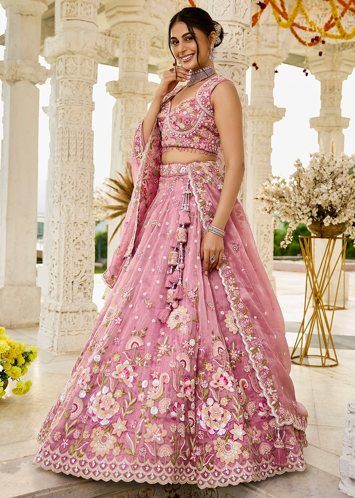 Orchid Pink Ready-to-Wear Lehenga in Organza with Embroidery