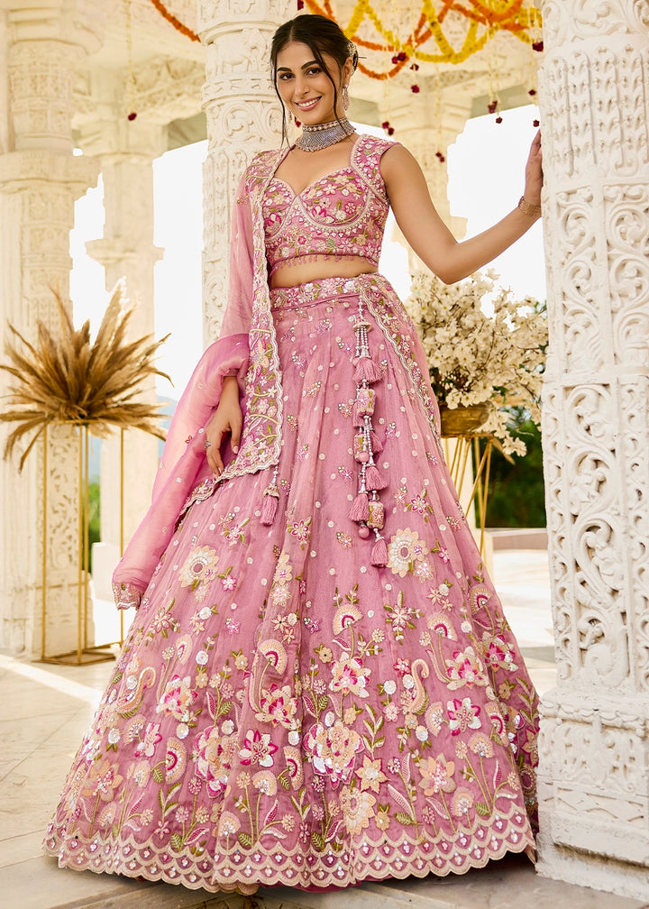 Orchid Pink Ready-to-Wear Lehenga in Organza with Embroidery