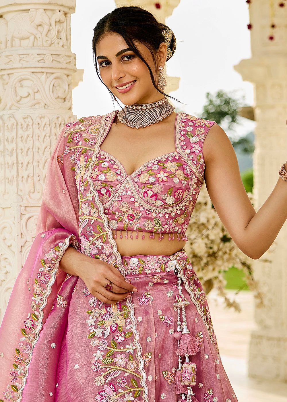 Orchid Pink Ready-to-Wear Lehenga in Organza with Embroidery