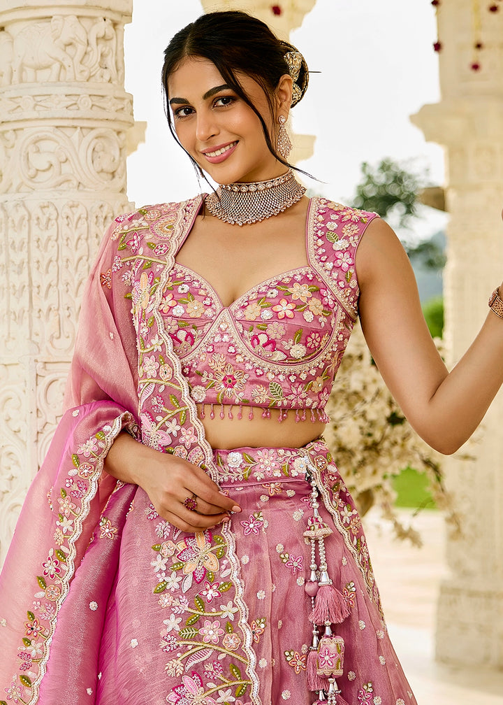 Orchid Pink Ready-to-Wear Lehenga in Organza with Embroidery