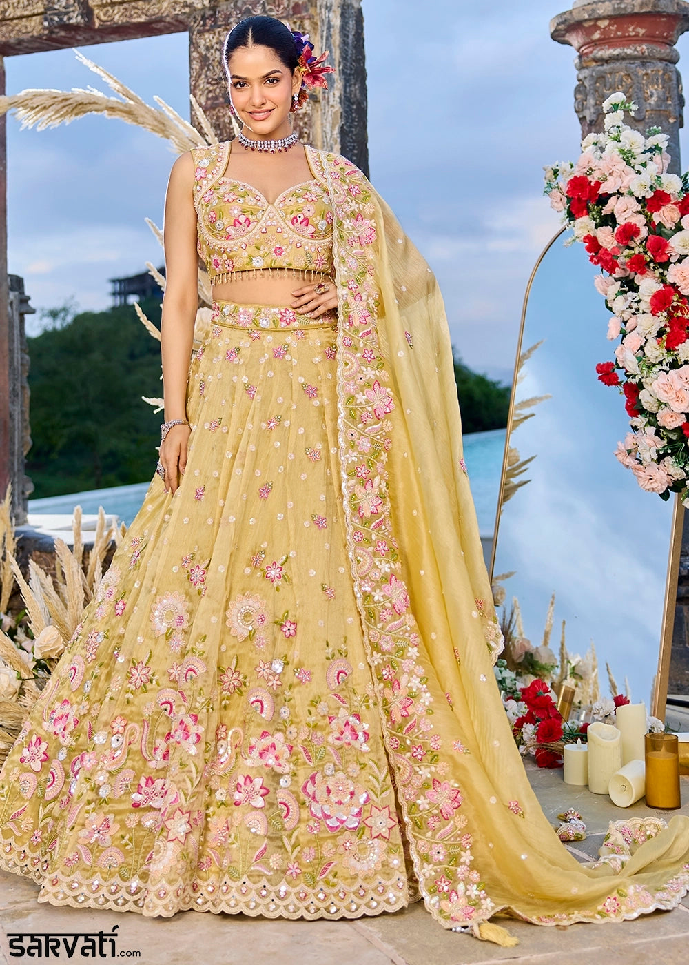 Daffodil Yellow Ready-to-Wear Lehenga in Organza with Embroidery