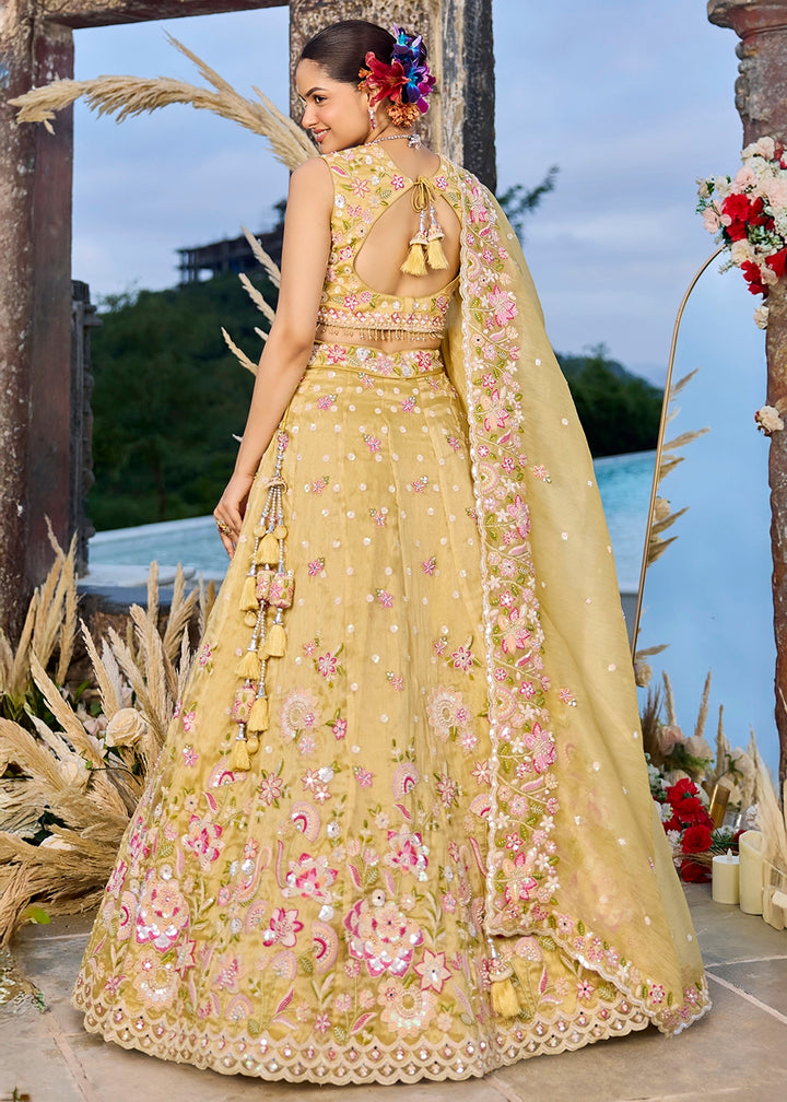 Daffodil Yellow Ready-to-Wear Lehenga in Organza with Embroidery