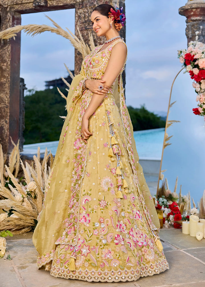 Daffodil Yellow Ready-to-Wear Lehenga in Organza with Embroidery