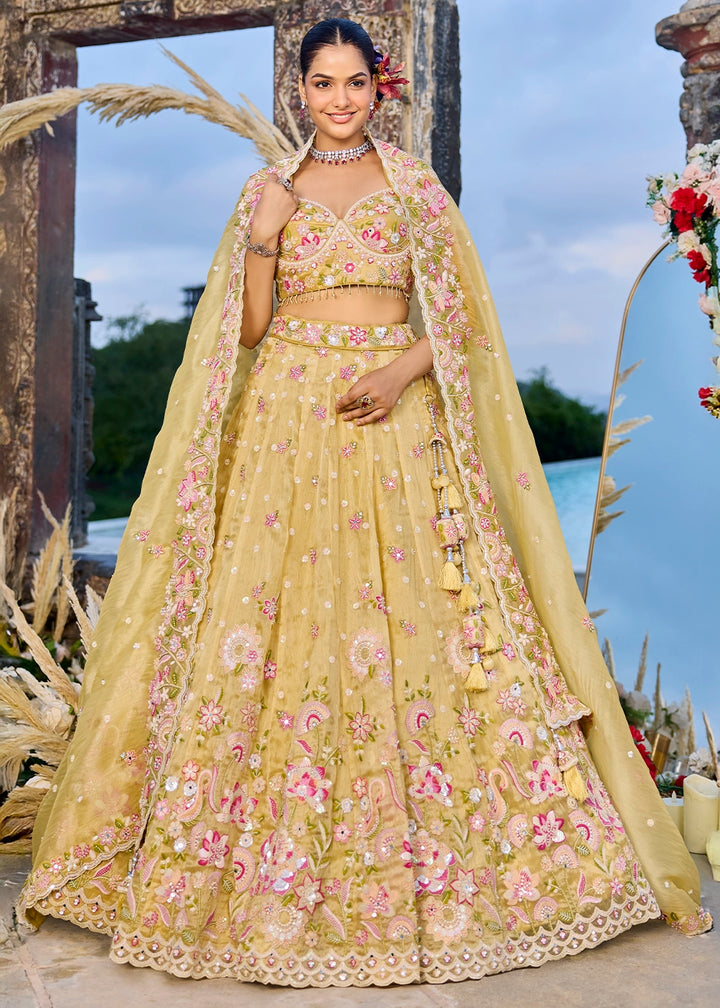 Daffodil Yellow Ready-to-Wear Lehenga in Organza with Embroidery