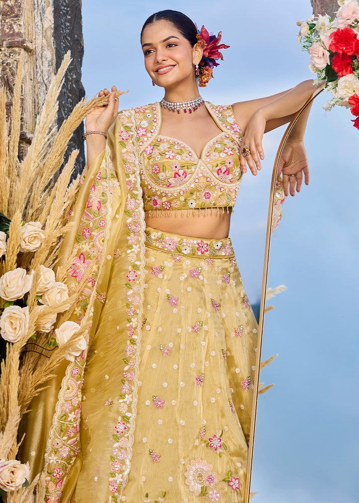 Daffodil Yellow Ready-to-Wear Lehenga in Organza with Embroidery