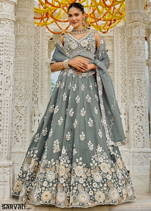 Seal Grey Ready-to-Wear Lehenga in Organza with Embroidery
