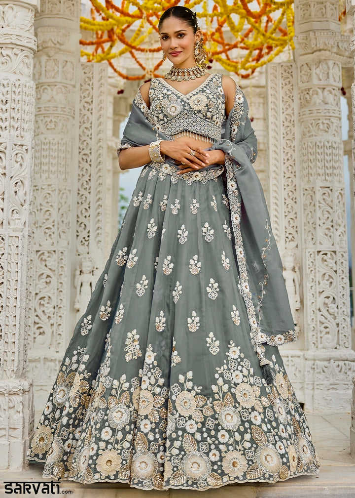 Seal Grey Ready-to-Wear Lehenga in Organza with Embroidery