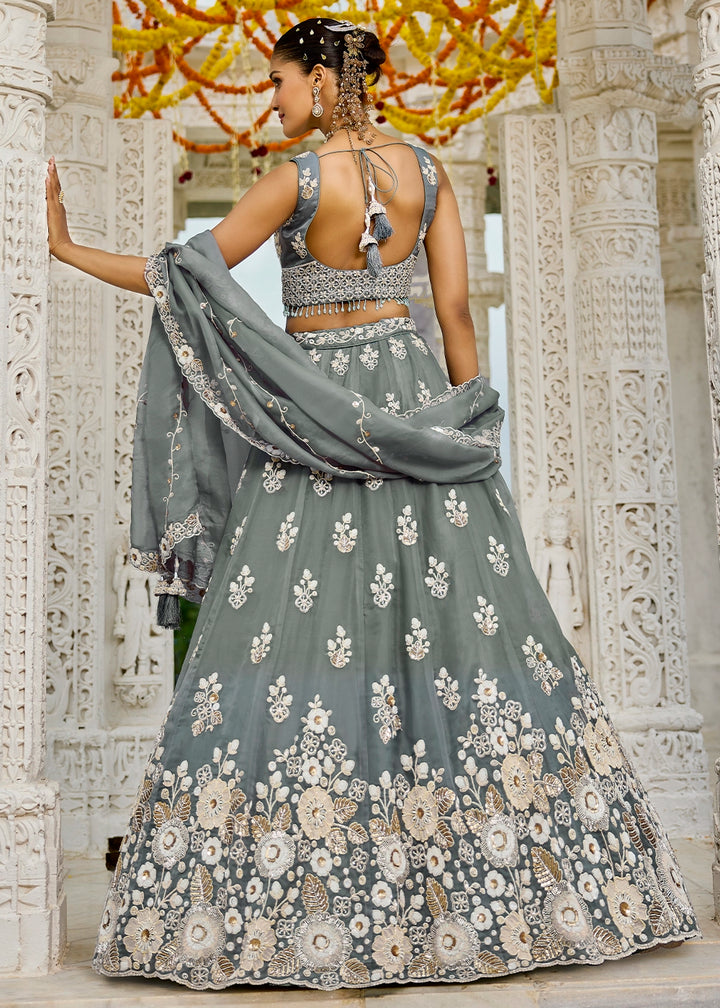 Seal Grey Ready-to-Wear Lehenga in Organza with Embroidery