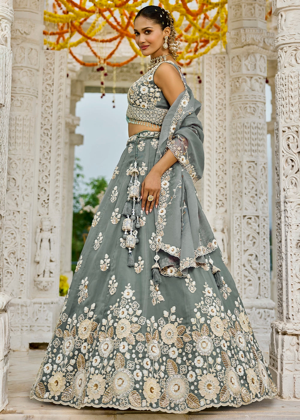 Seal Grey Ready-to-Wear Lehenga in Organza with Embroidery