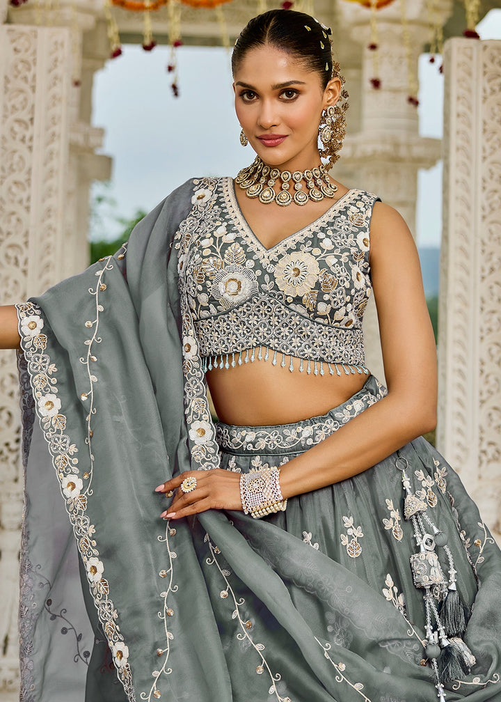 Seal Grey Ready-to-Wear Lehenga in Organza with Embroidery