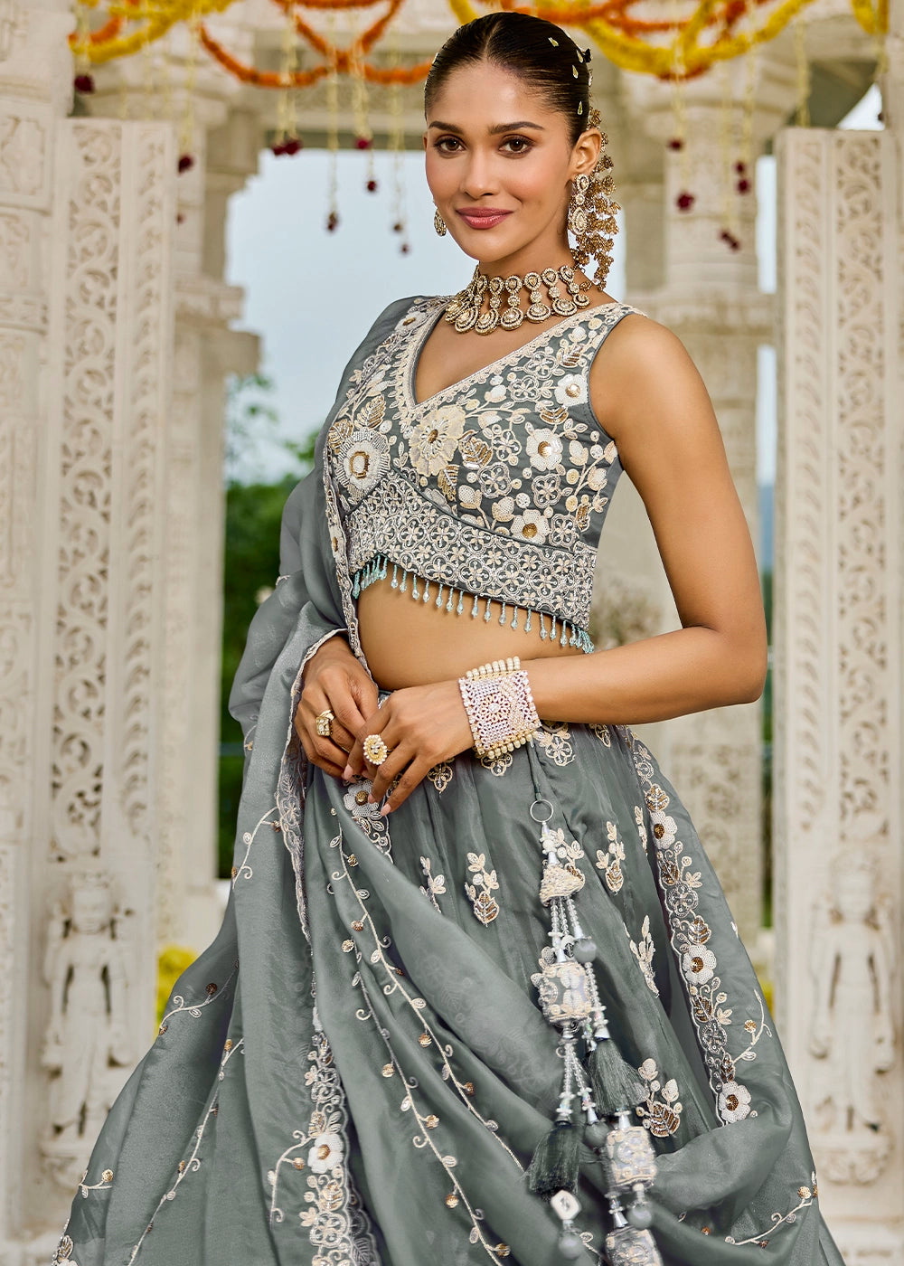 Seal Grey Ready-to-Wear Lehenga in Organza with Embroidery