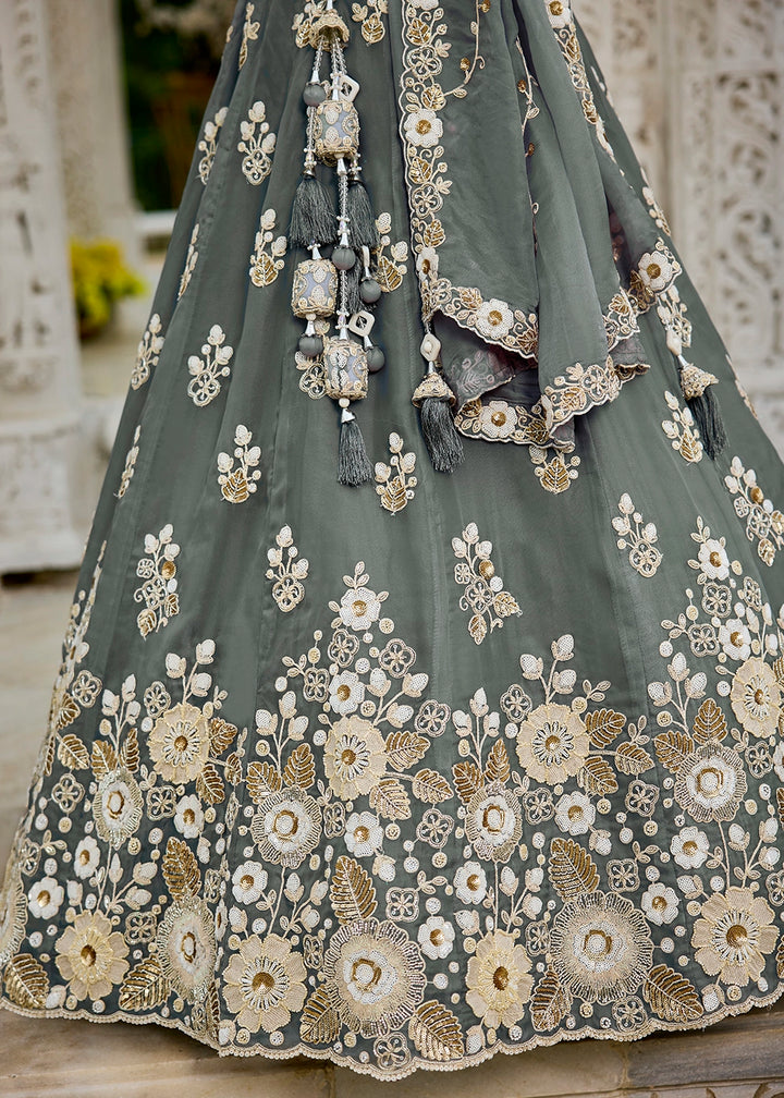Seal Grey Ready-to-Wear Lehenga in Organza with Embroidery