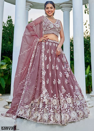 Moderate Purple Ready-to-Wear Lehenga in Organza with Embroidery