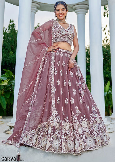 Moderate Purple Ready-to-Wear Lehenga in Organza with Embroidery