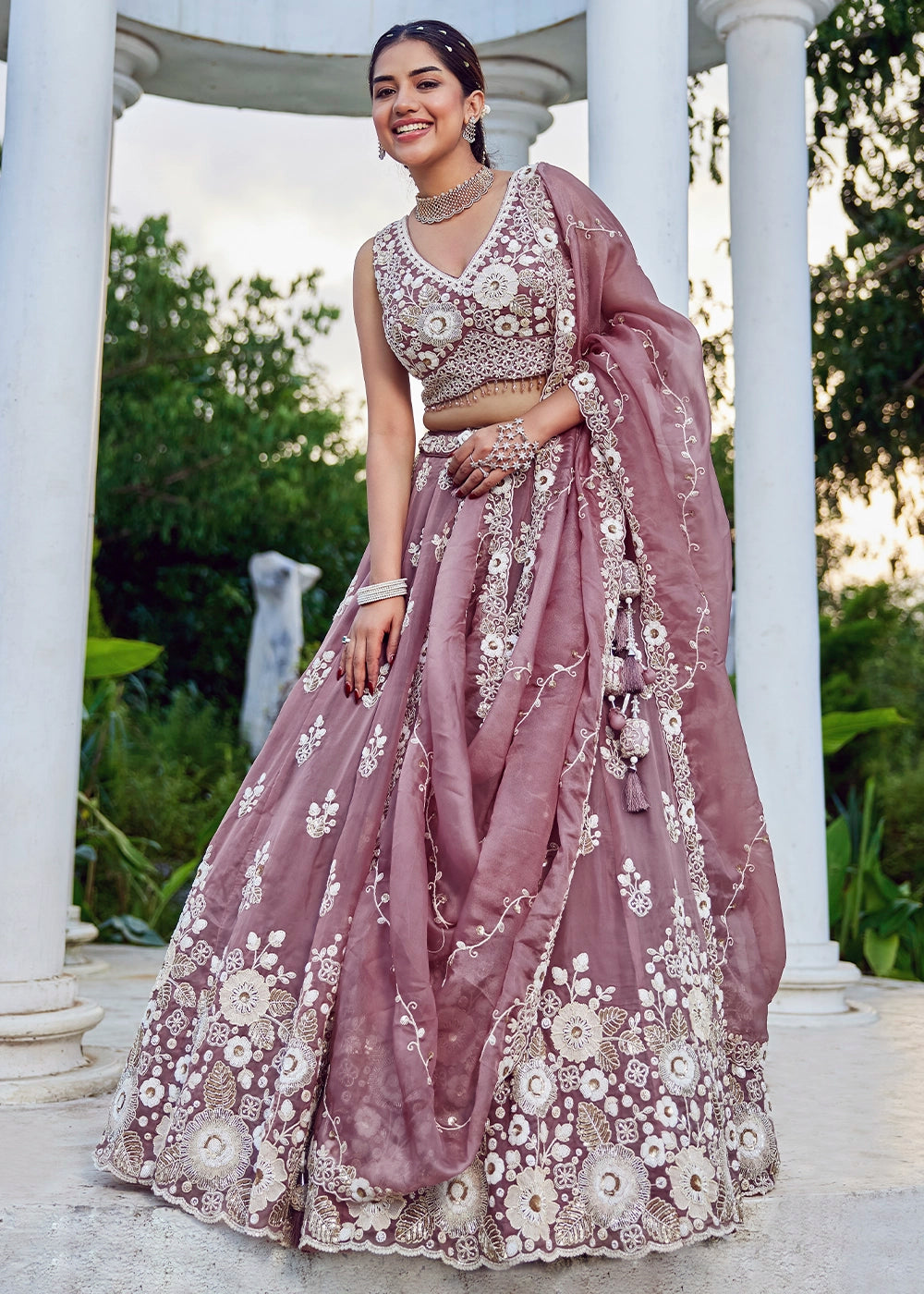 Moderate Purple Ready-to-Wear Lehenga in Organza with Embroidery