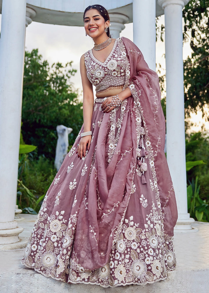 Moderate Purple Ready-to-Wear Lehenga in Organza with Embroidery