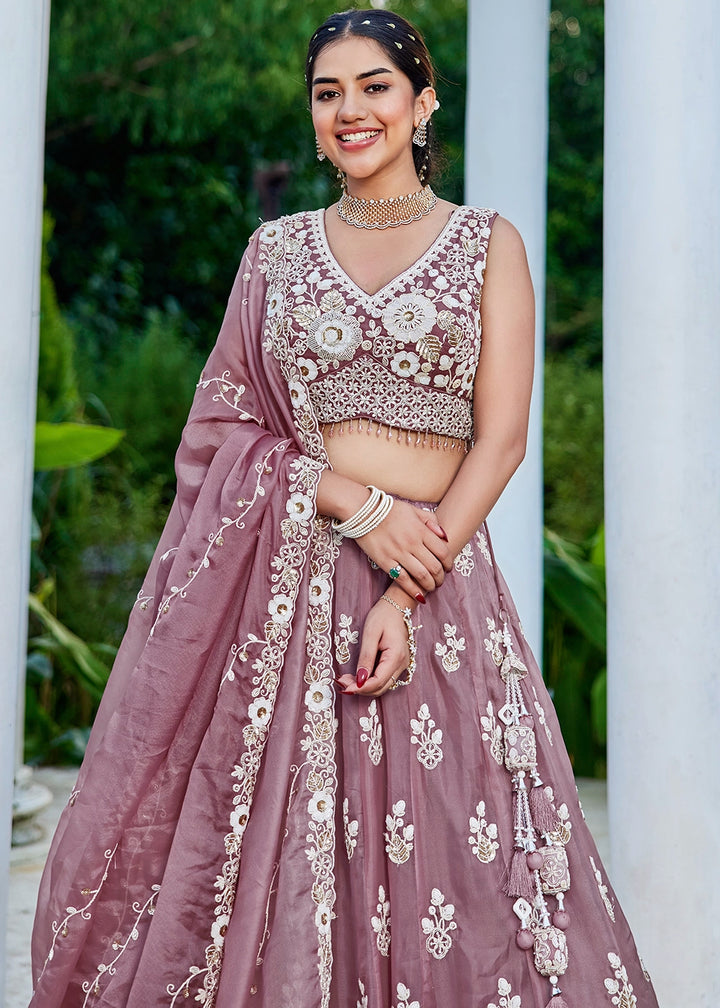 Moderate Purple Ready-to-Wear Lehenga in Organza with Embroidery