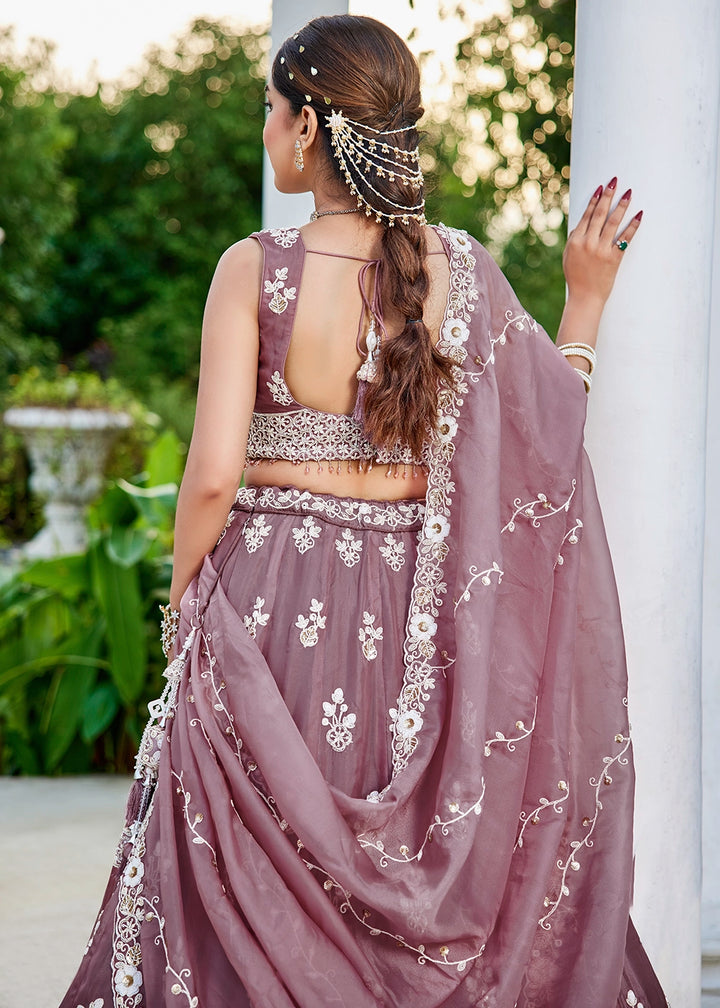 Moderate Purple Ready-to-Wear Lehenga in Organza with Embroidery
