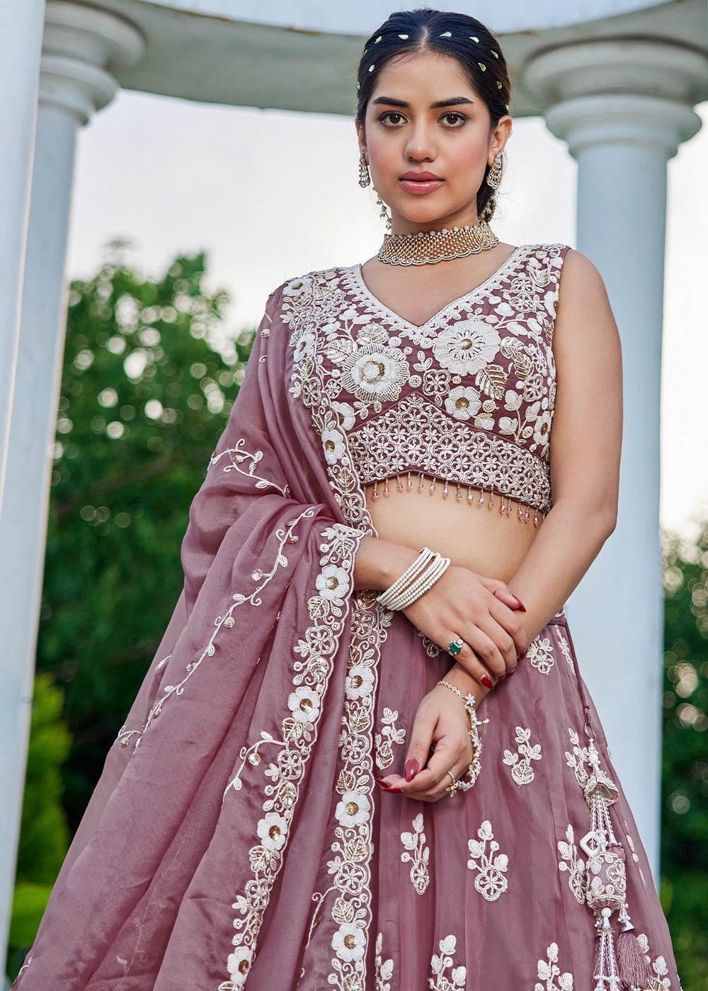 Moderate Purple Ready-to-Wear Lehenga in Organza with Embroidery