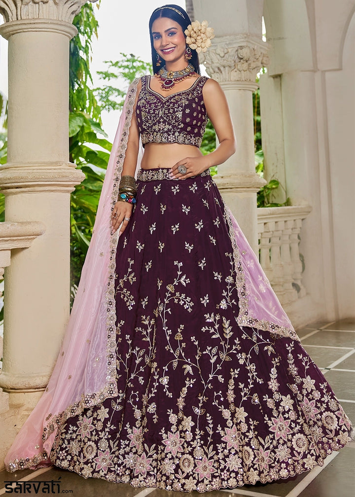 Burgundy Purple Lehenga Choli in Organza with Floral & Sequin Embroidery