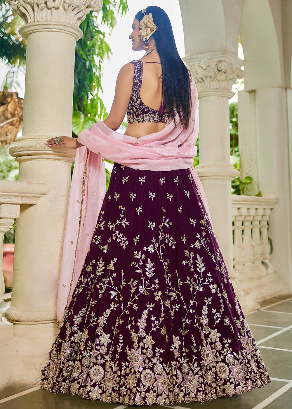 Burgundy Purple Lehenga Choli in Organza with Floral & Sequin Embroidery