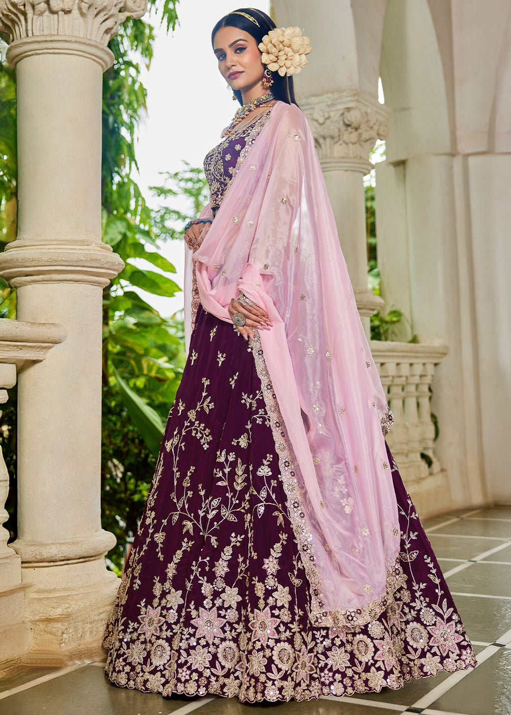 Burgundy Purple Lehenga Choli in Organza with Floral & Sequin Embroidery