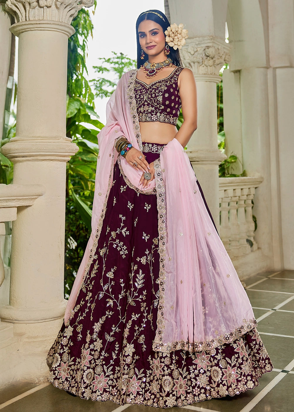 Burgundy Purple Lehenga Choli in Organza with Floral & Sequin Embroidery