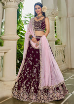 Burgundy Purple Lehenga Choli in Organza with Floral & Sequin Embroidery