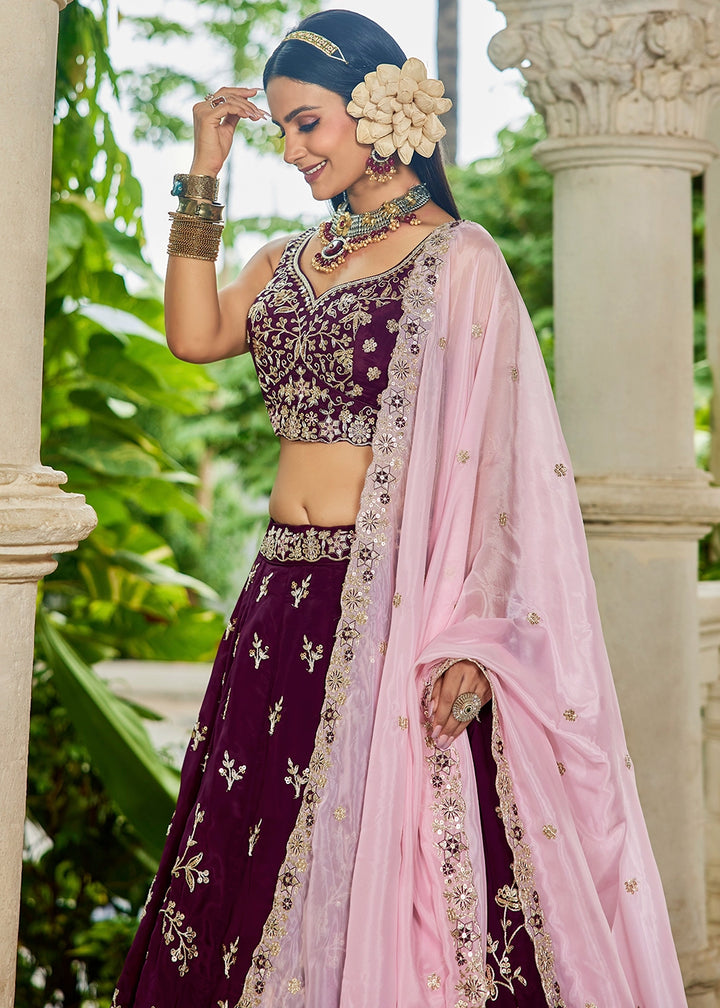 Burgundy Purple Lehenga Choli in Organza with Floral & Sequin Embroidery