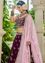 Burgundy Purple Lehenga Choli in Organza with Floral & Sequin Embroidery