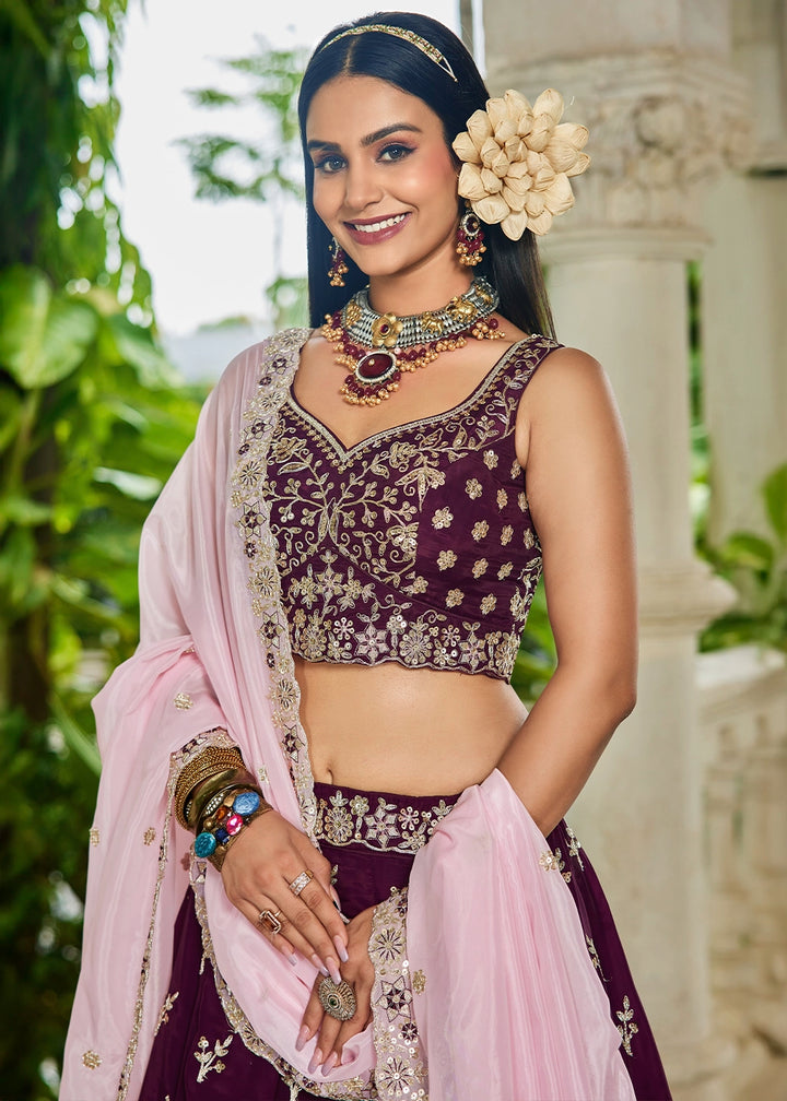 Burgundy Purple Lehenga Choli in Organza with Floral & Sequin Embroidery