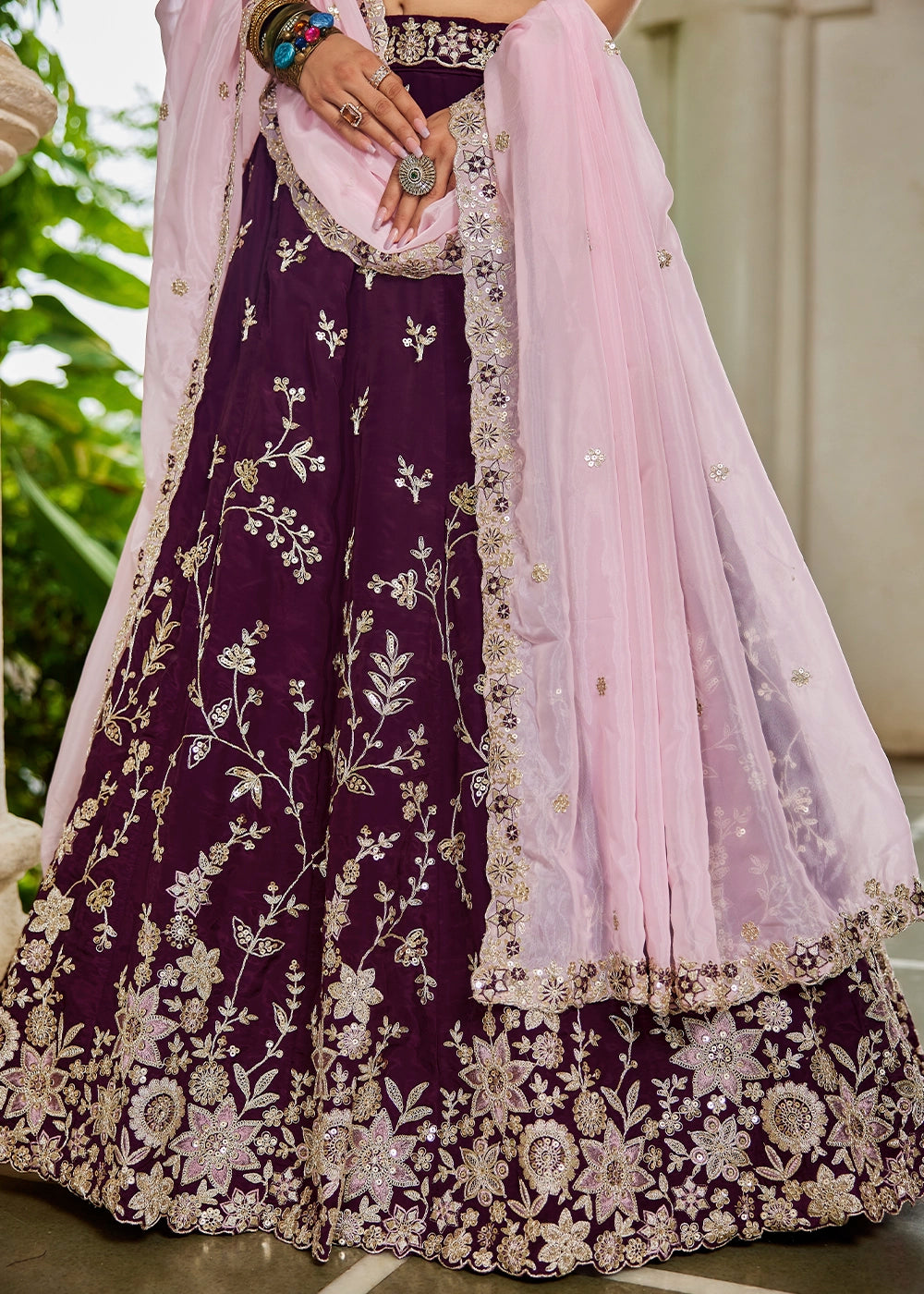Burgundy Purple Lehenga Choli in Organza with Floral & Sequin Embroidery