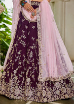 Burgundy Purple Lehenga Choli in Organza with Floral & Sequin Embroidery