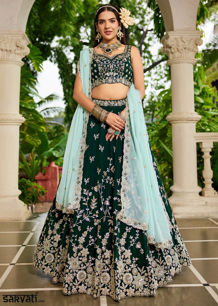 Sacramento Green Lehenga Choli in Organza with Floral & Sequin Embroidery