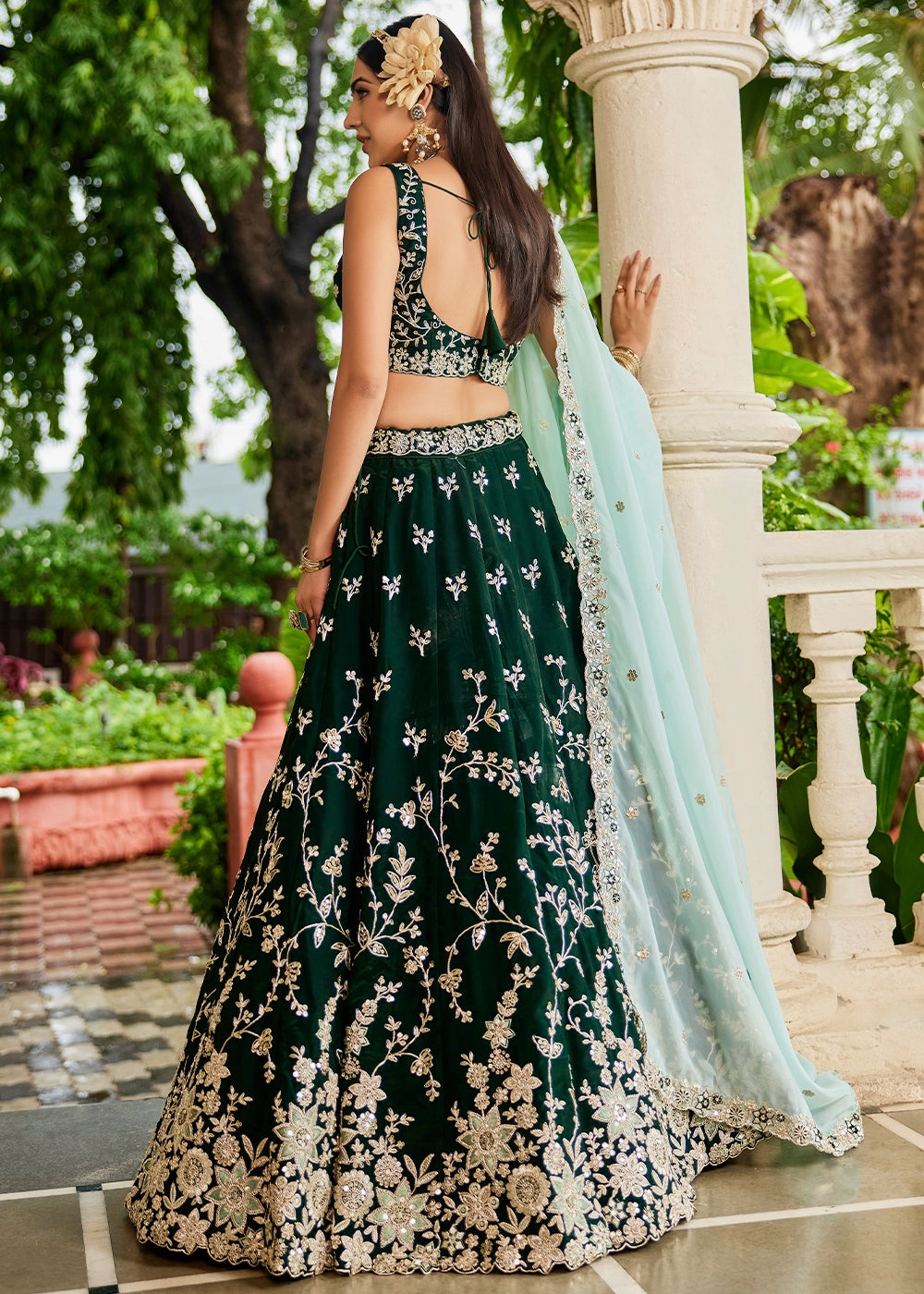 Sacramento Green Lehenga Choli in Organza with Floral & Sequin Embroidery