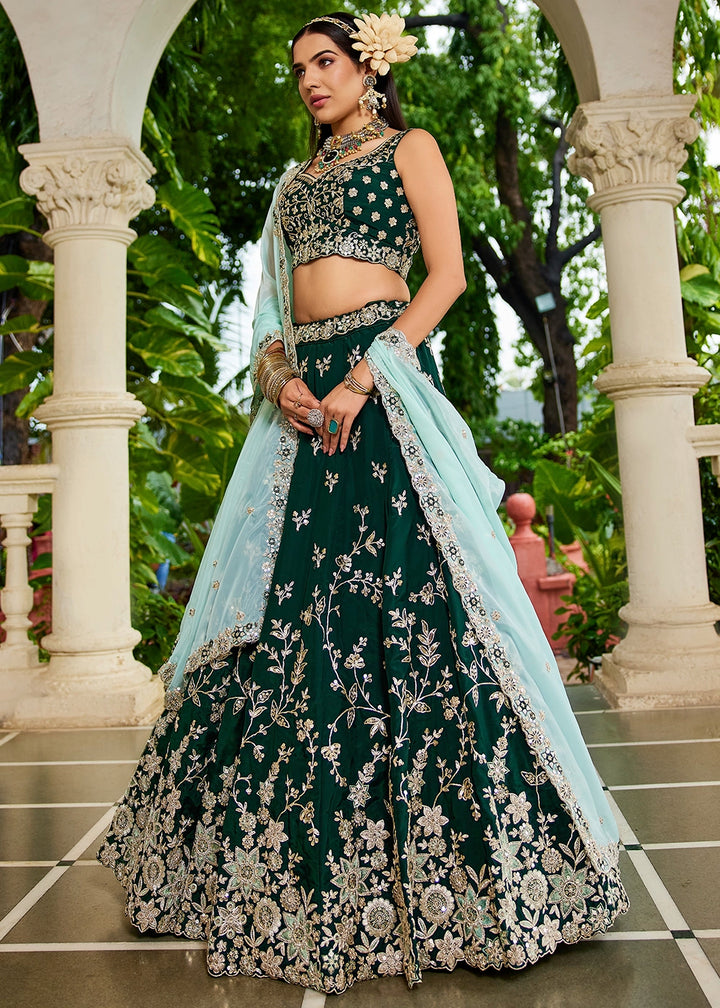Sacramento Green Lehenga Choli in Organza with Floral & Sequin Embroidery