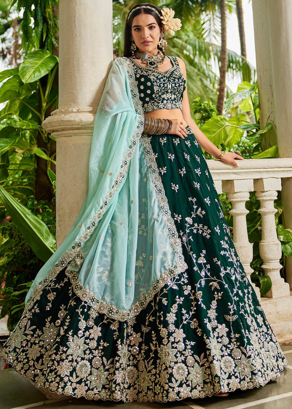 Sacramento Green Lehenga Choli in Organza with Floral & Sequin Embroidery