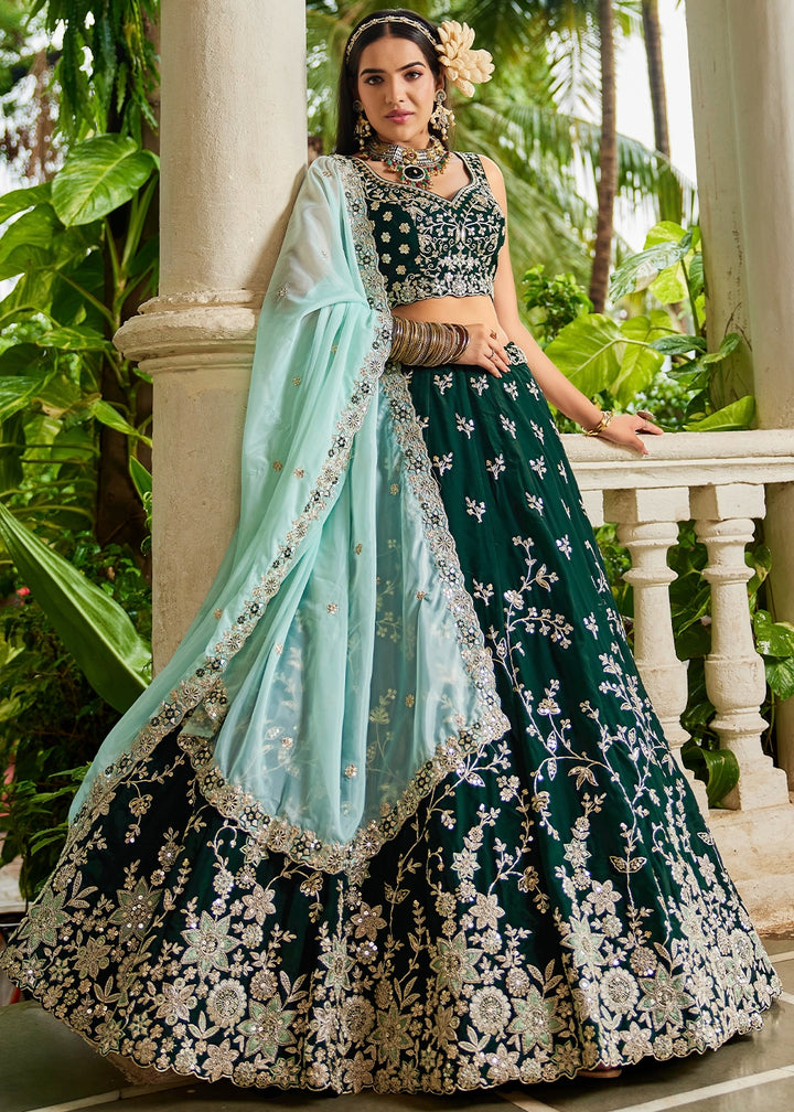 Sacramento Green Lehenga Choli in Organza with Floral & Sequin Embroidery