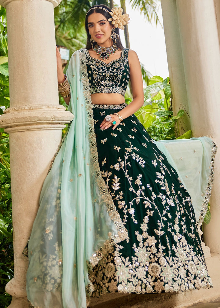 Sacramento Green Lehenga Choli in Organza with Floral & Sequin Embroidery