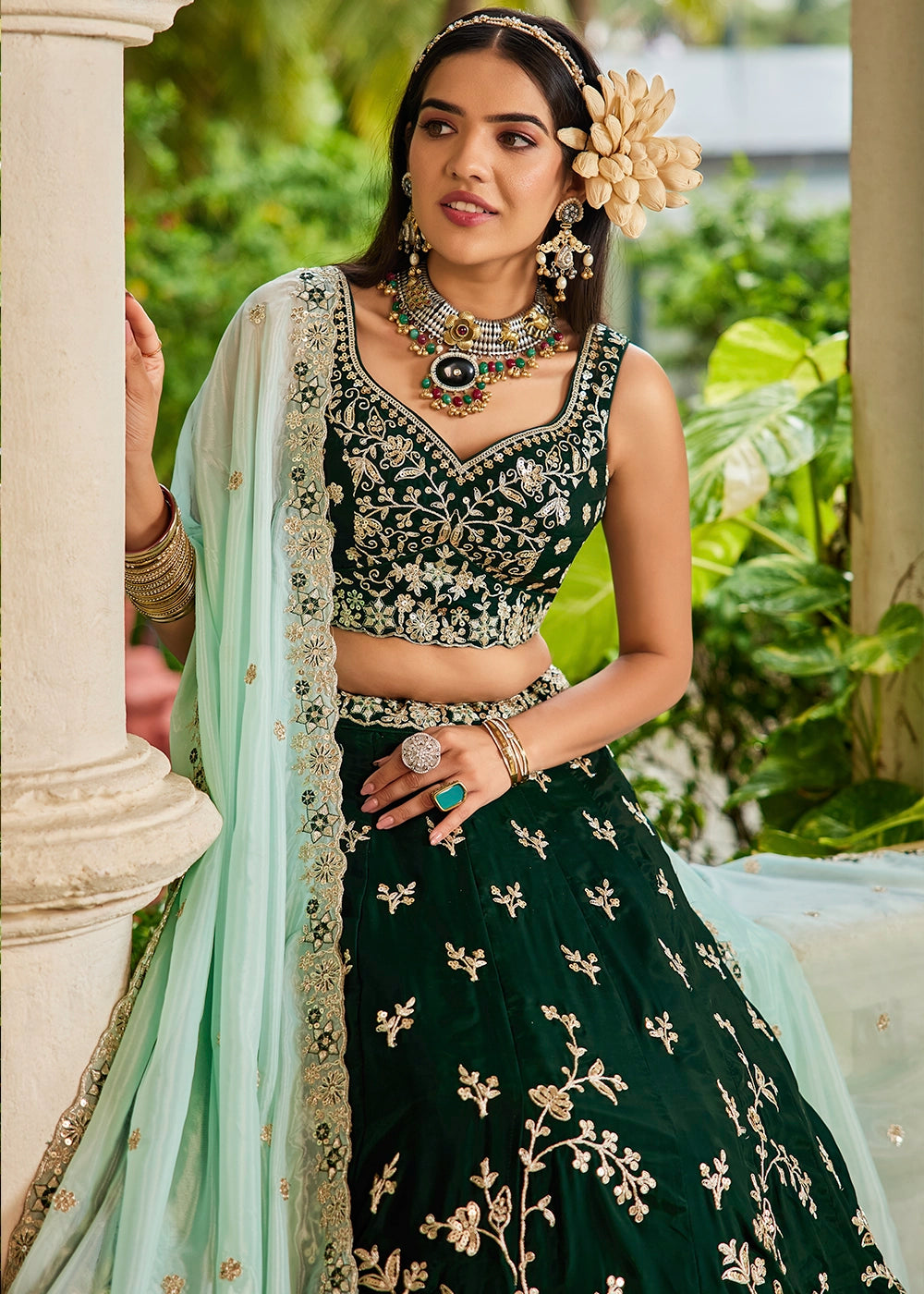 Sacramento Green Lehenga Choli in Organza with Floral & Sequin Embroidery