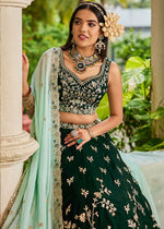 Sacramento Green Lehenga Choli in Organza with Floral & Sequin Embroidery
