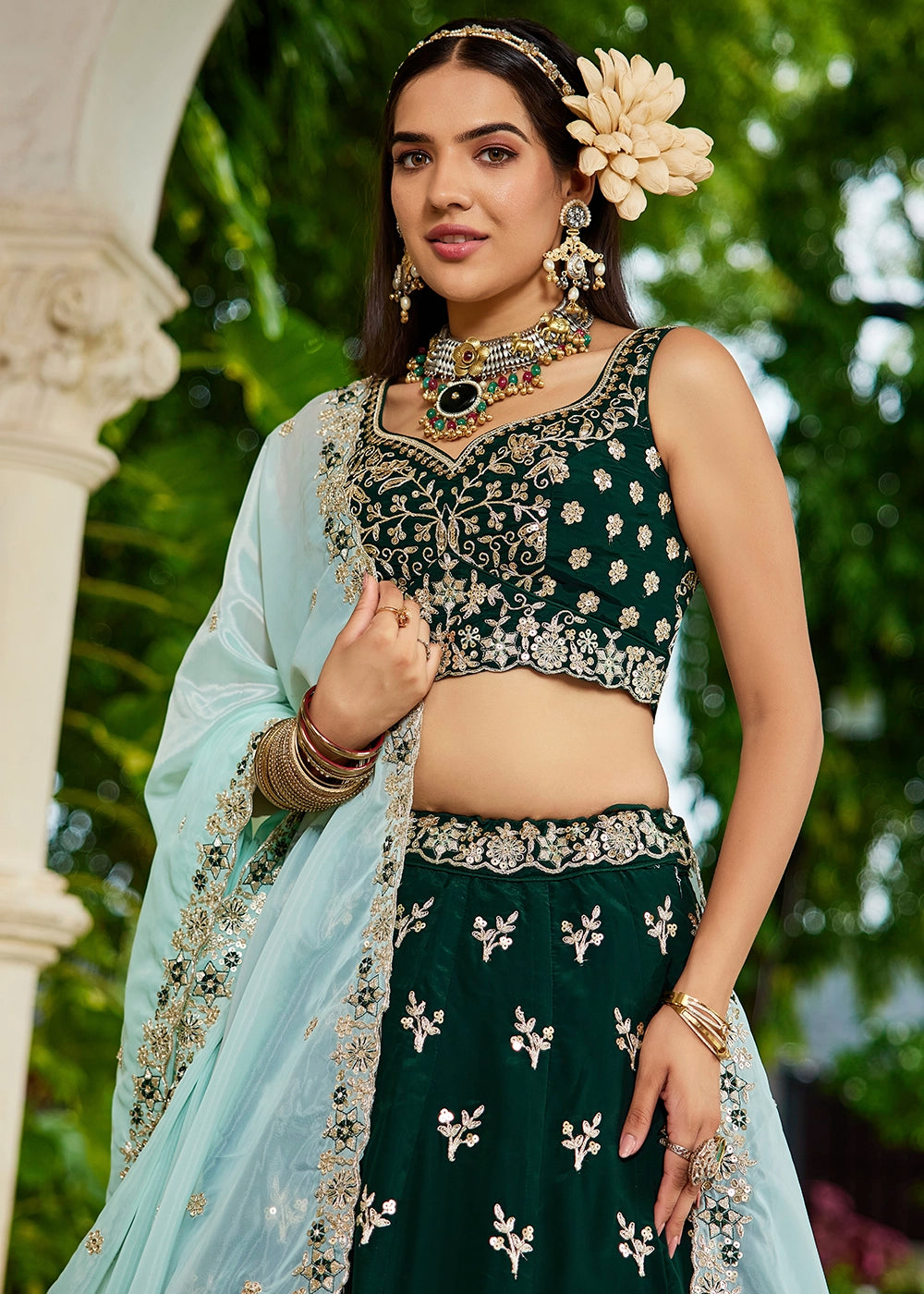 Sacramento Green Lehenga Choli in Organza with Floral & Sequin Embroidery