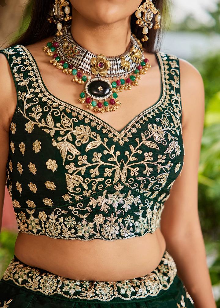 Sacramento Green Lehenga Choli in Organza with Floral & Sequin Embroidery