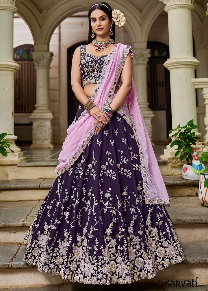 Indigo Purple Lehenga Choli in Organza with Floral & Sequin Embroidery