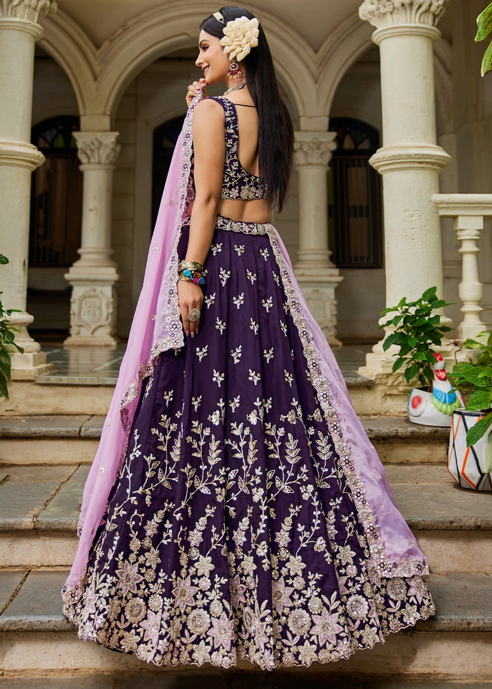 Indigo Purple Lehenga Choli in Organza with Floral & Sequin Embroidery