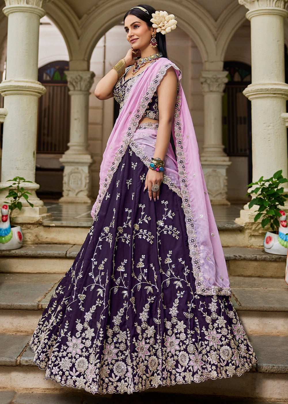 Indigo Purple Lehenga Choli in Organza with Floral & Sequin Embroidery
