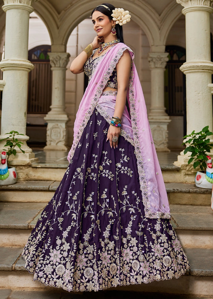 Indigo Purple Lehenga Choli in Organza with Floral & Sequin Embroidery